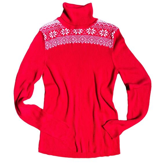 Basic Editions Size XL Red Rib Knit Turtleneck Fair Isle Pattern Cotton Blend - Picture 1 of 7